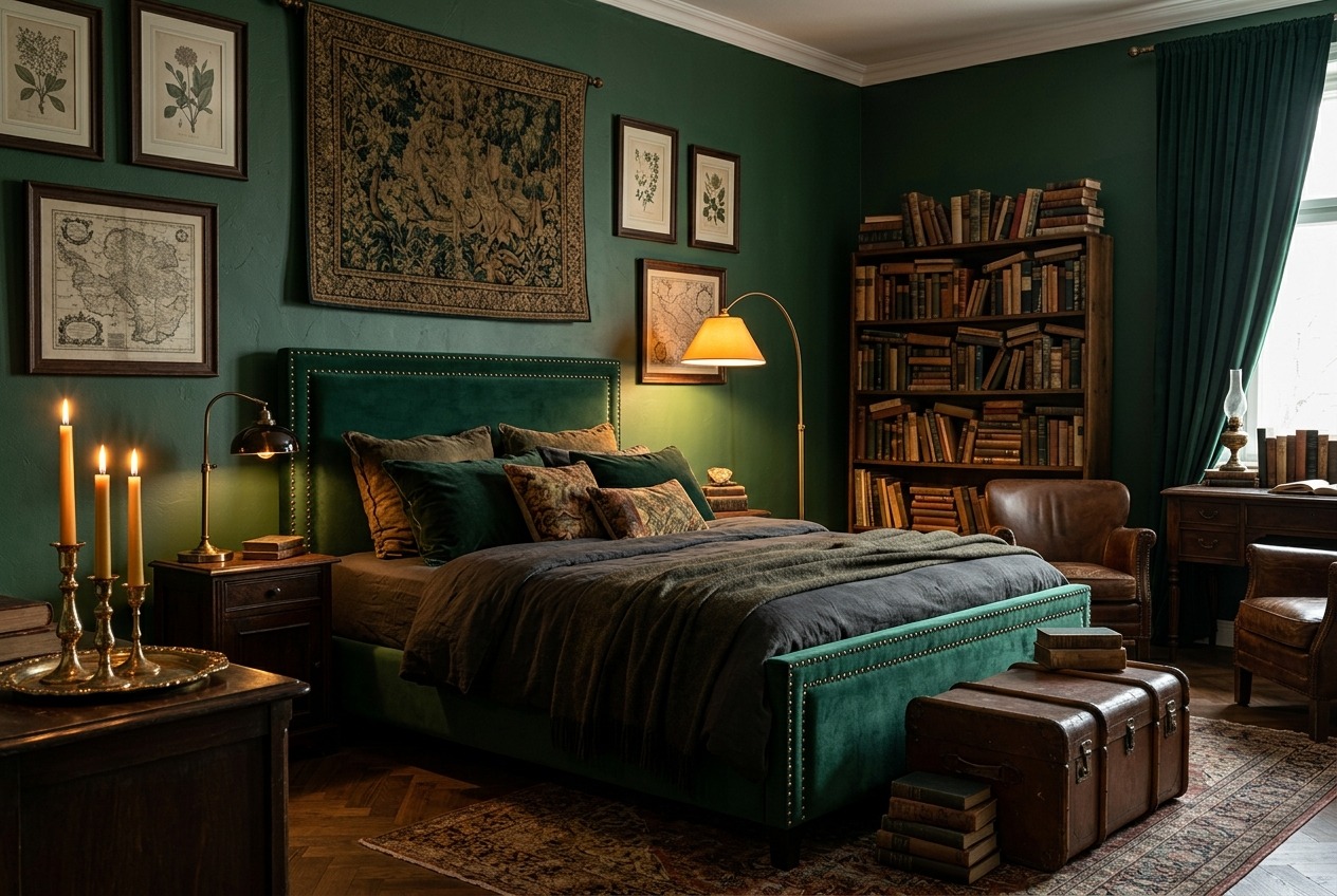 Moody dark academia bedroom 2026 with deep forest green walls, velvet bedding, brass reading lamp and vintage bookshelf