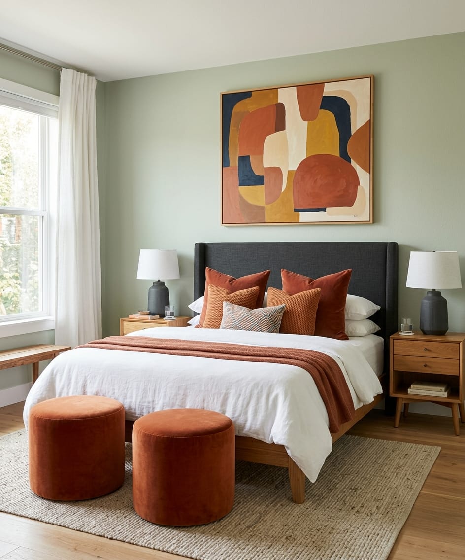 Cozy small bedroom with white bedding, floating shelves, and warm lighting