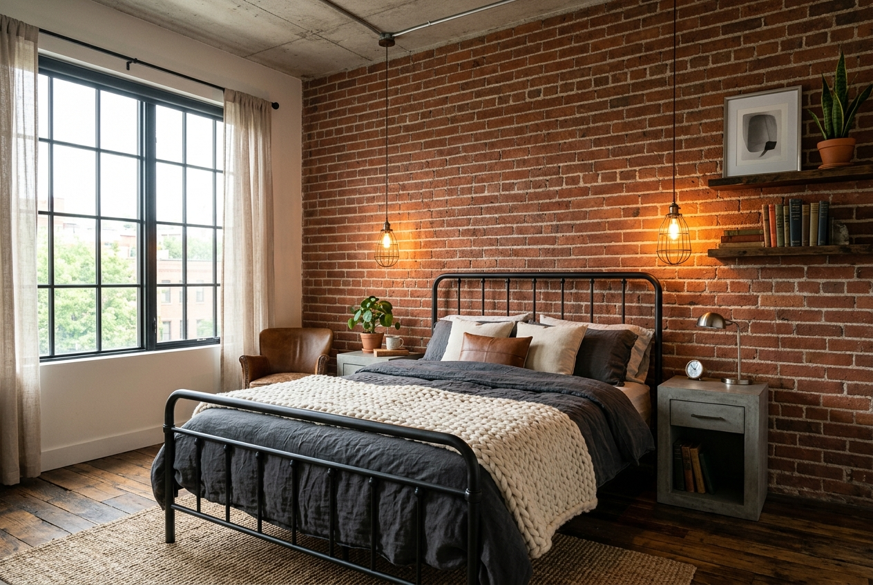 Industrial chic bedroom 2026 with exposed brick accent wall Edison bulb pendants steel bed frame and warm wood