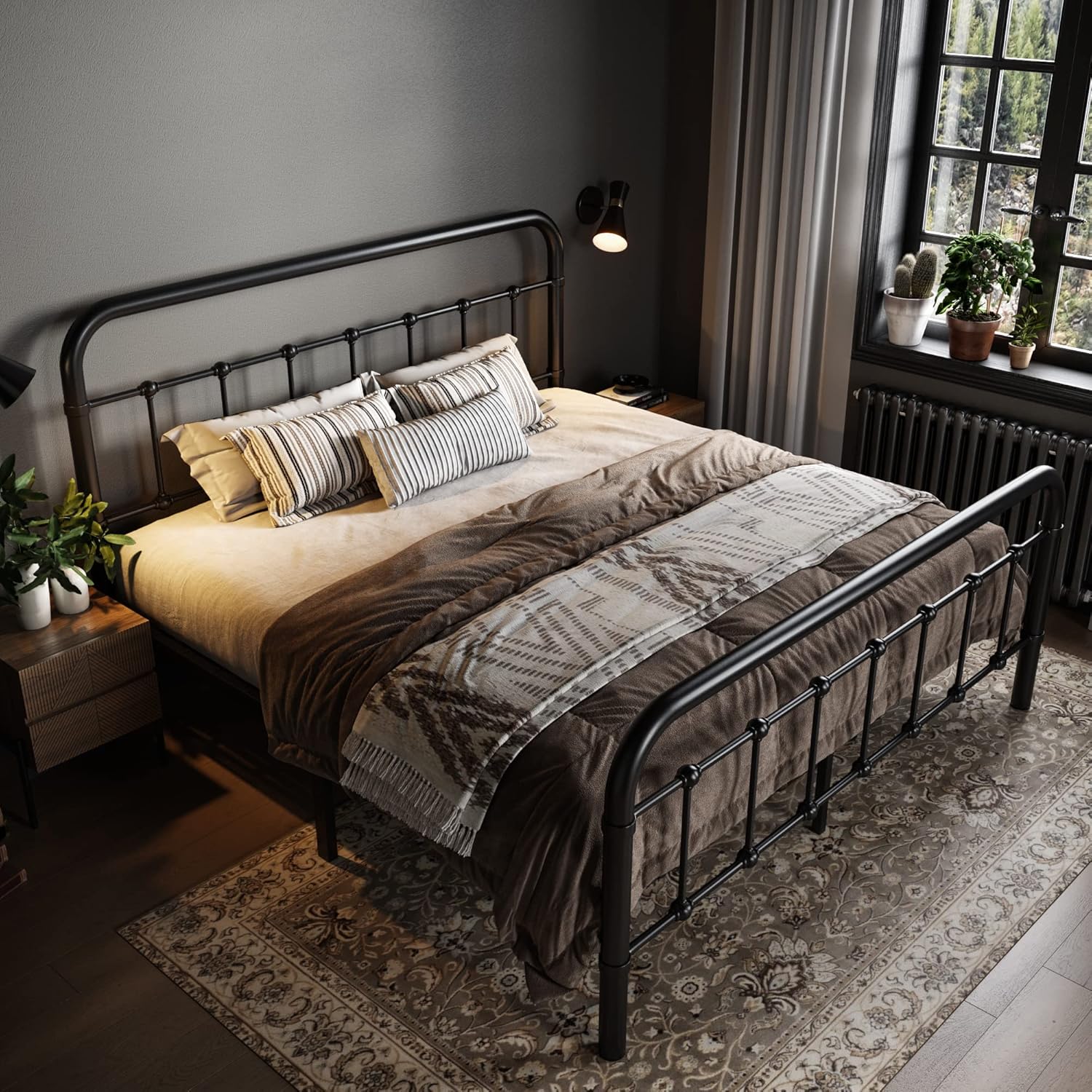 Allewie black queen metal platform bed frame with Victorian style wrought iron headboard and footboard | MyNestrova