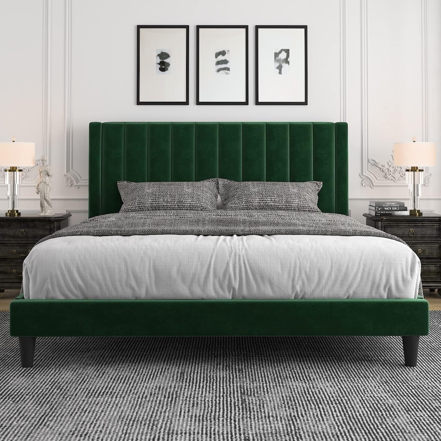 Allewie king size green velvet upholstered platform bed frame with vertical channel tufted headboard and wooden slat support | MyNestrova