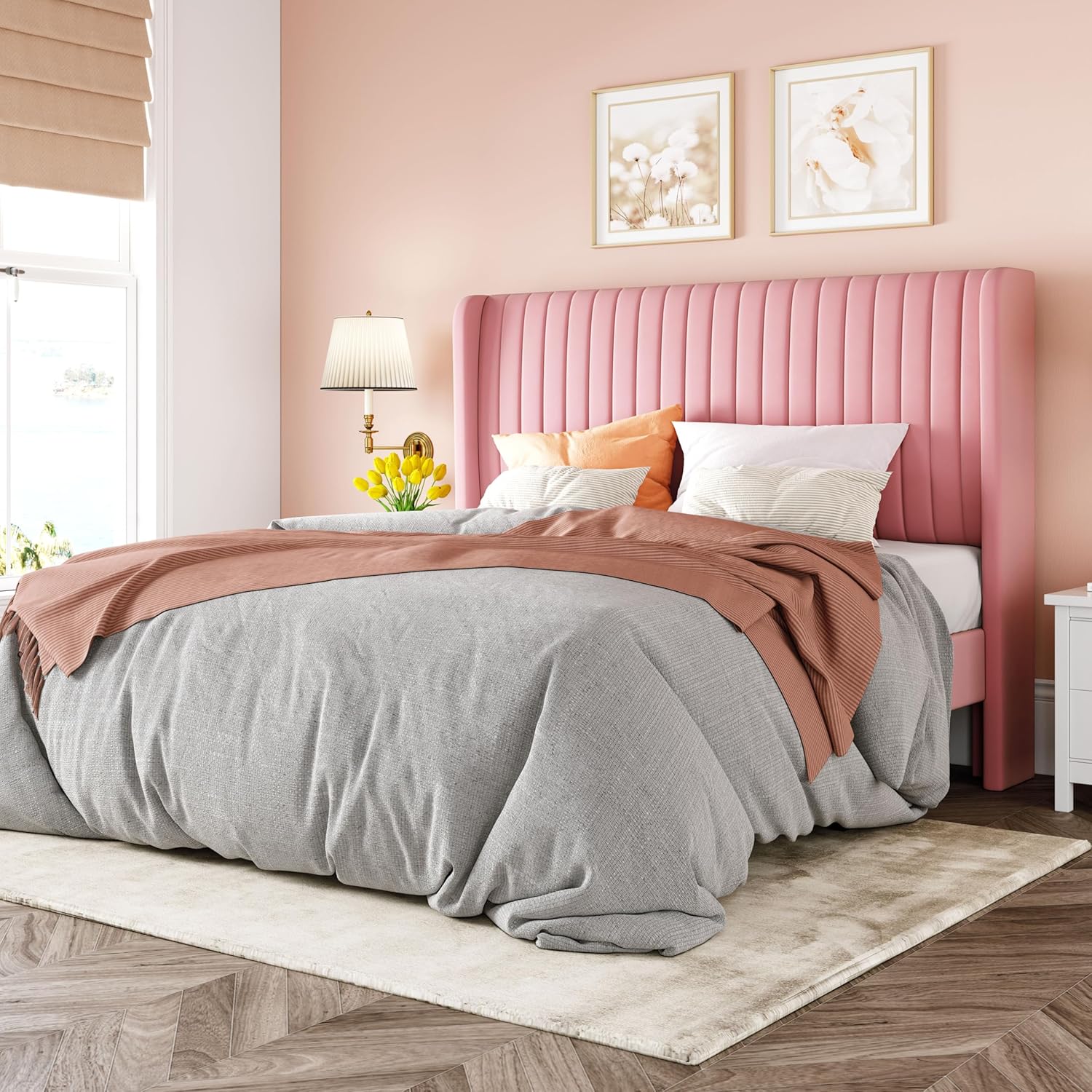 Allewie full size pink velvet upholstered platform bed frame with vertical channel tufted wingback headboard and wooden slat support Amazon pick | MyNestrova