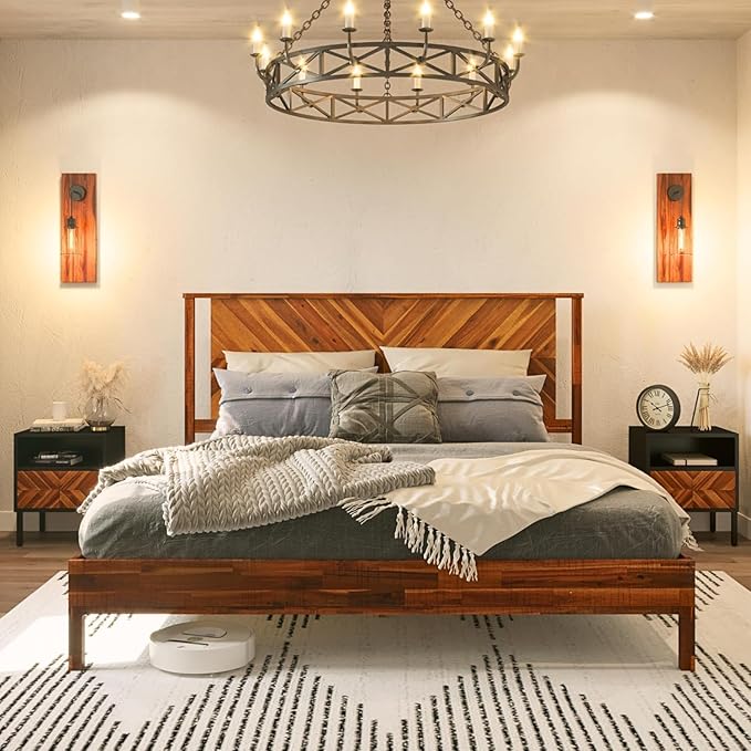 Bme Vivian king size rustic golden brown solid acacia wood bed frame with headboard and wooden slat support – Japandi bedroom Amazon pick | MyNestrova