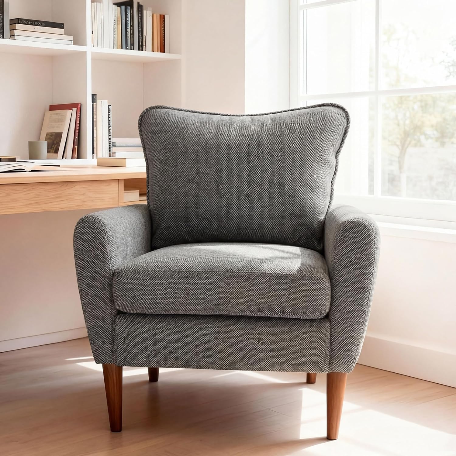OLIXIS gray upholstered mid-century accent chair with pillow and solid wood legs for living room and bedroom
