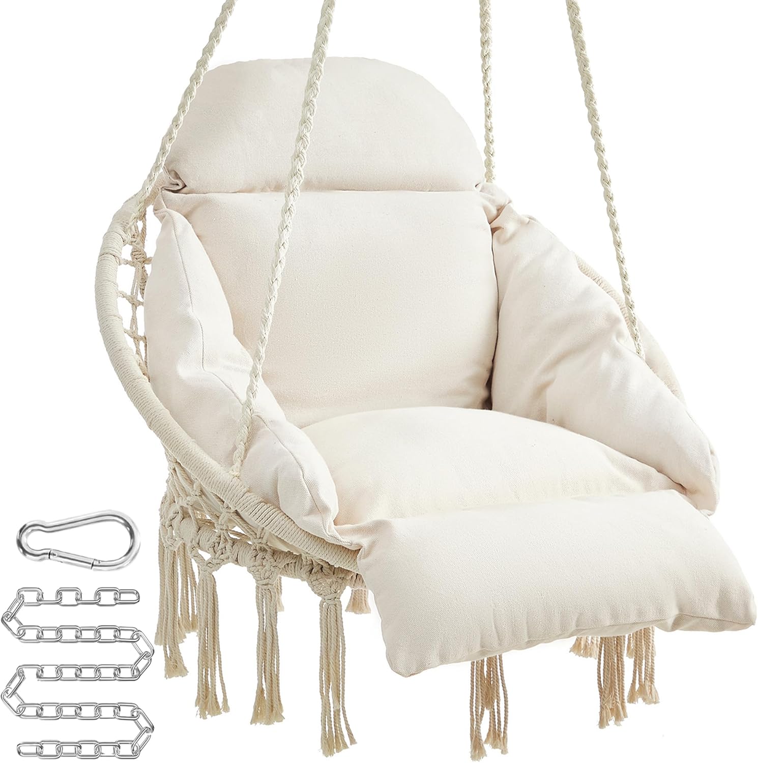 SONGMICS cream white boho hanging hammock chair with thick cushion for bedroom, patio, balcony, and home decor