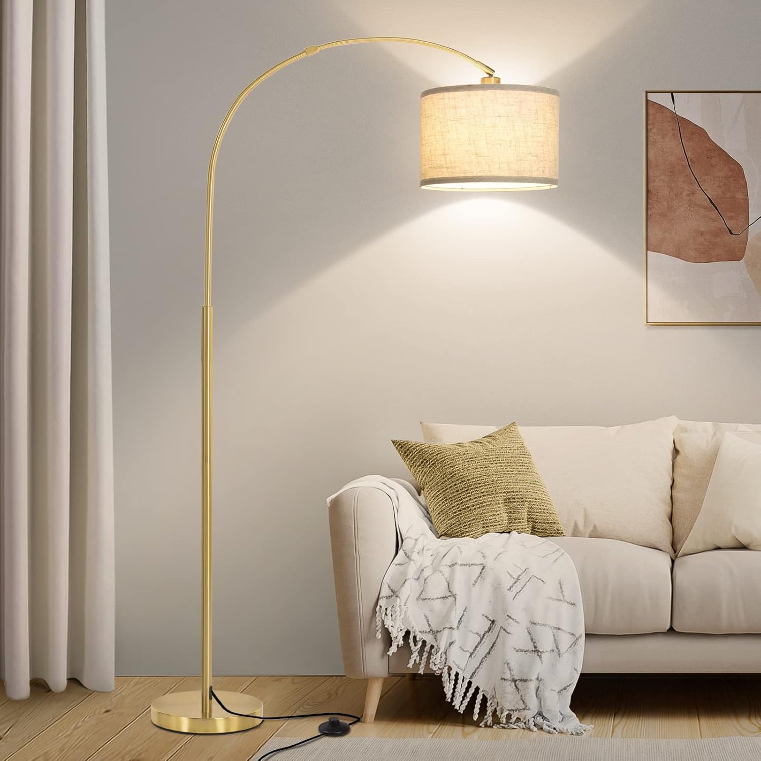 Modern gold arc floor lamp with adjustable drum lampshade and foot switch for living room, bedroom, and office | MyNestrova