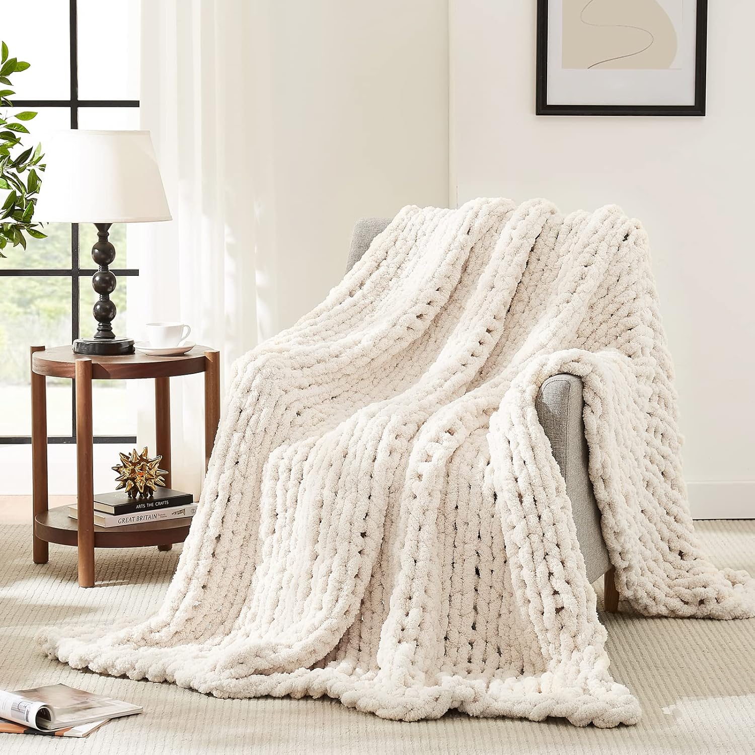 L'AGRATY chunky knit chenille throw blanket with handmade cable knit design for couch, sofa, bed, and home decor | MyNestrova