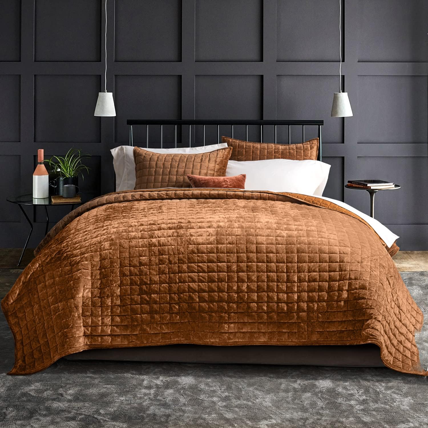 RECYCO rusty burnt orange luxury velvet quilt set with ultra soft oversized bedding and pillow shams | MyNestrova