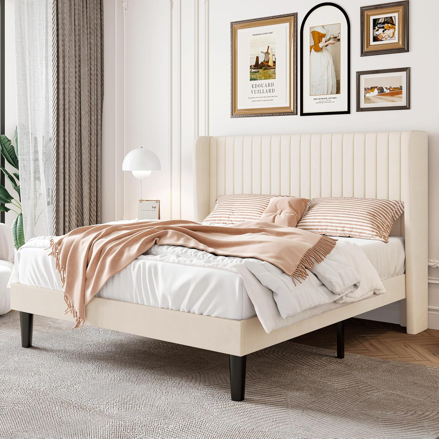 SHA CERLIN cream white queen velvet upholstered platform bed frame with vertical channel tufted wingback headboard and wood slat support | MyNestrova