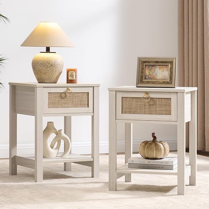 SICOTAS white nightstand set with rattan drawer fronts and storage shelf | MyNestrova